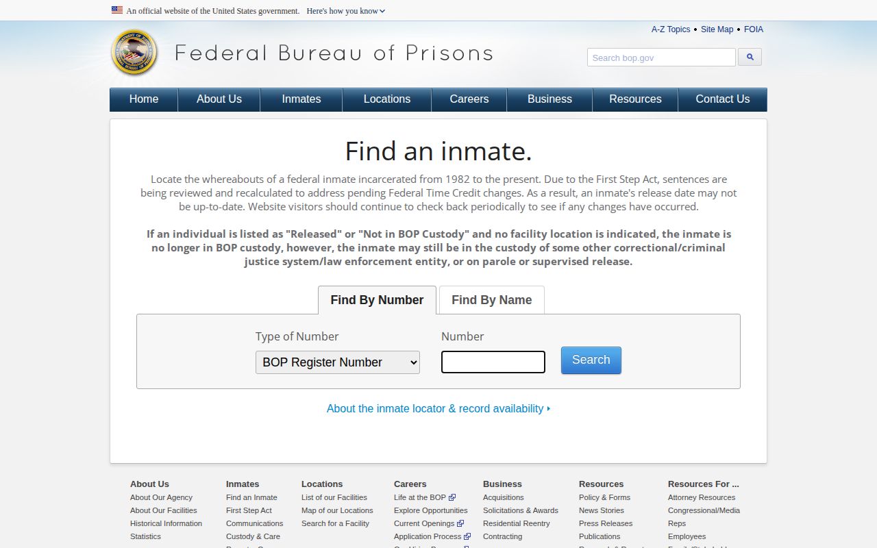 Clarke County federal Bureau of Prisons release search and result fields